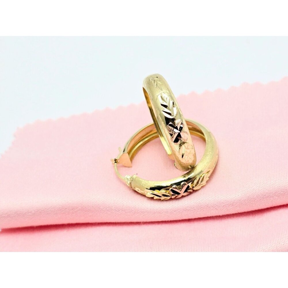Unique 14K Solid Two Tone Multi Color Gold Diamond Cut Hinged Hoop Earrings